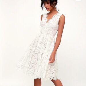 Lulu’s Love Swept White Lace Midi Skater Dress- Medium- White- NWT